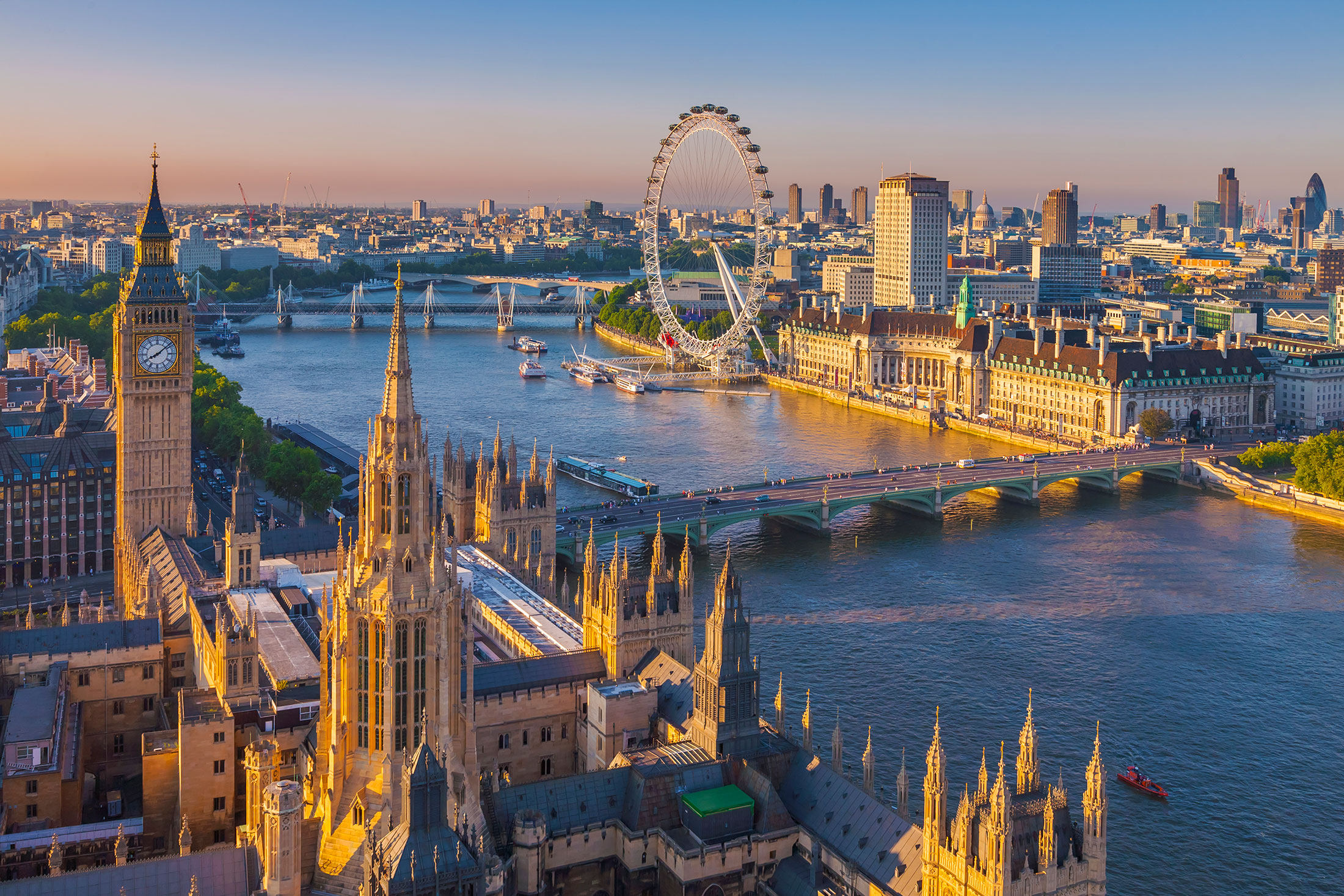 London skyline seen from Victoria Tower at sunset